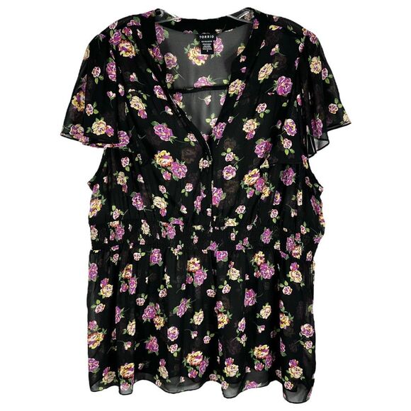 Torrid Plus Size 3X Top Floral Flutter Cap Sleeve Black Purple Smocked Sheer 458 - Picture 1 of 9
